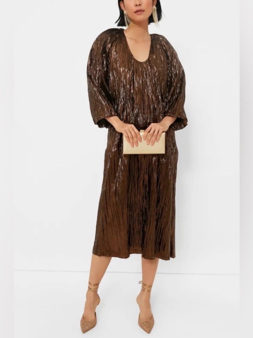 Tuckernuck Metallic Brown Pleated Midi Dress with Balloon Sleeves